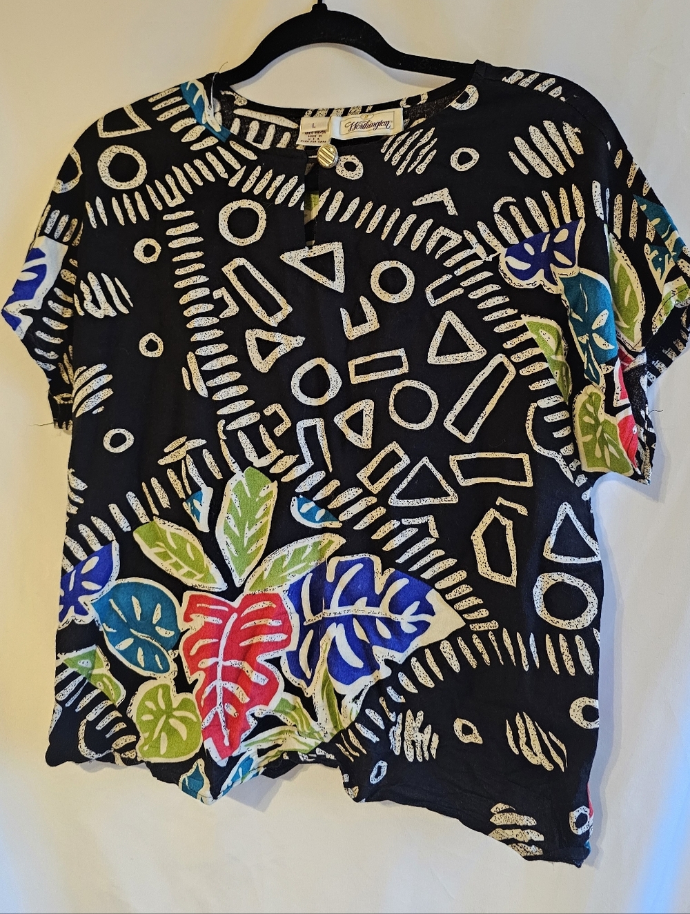 Black & multi-coloured abstract print top with short sleeves Large Vintage
